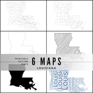 May include: A collection of six printable outline maps of Louisiana. The maps include detailed county outlines, a simple outline, a shaded outline, and a silhouette. The text "Printable Outline Maps" and "6 Maps Louisiana" is also included.