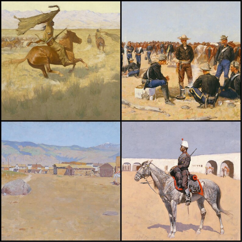 May include: A four-panel image featuring Western-themed paintings. The top left depicts a Native American on horseback. The top right shows soldiers. The bottom left shows a town. The bottom right shows a soldier on horseback.