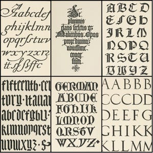 May include: A collection of calligraphy samples in black ink on a cream-colored background. The image showcases various fonts, including cursive, gothic, and block letters, with some text samples and alphabet examples.