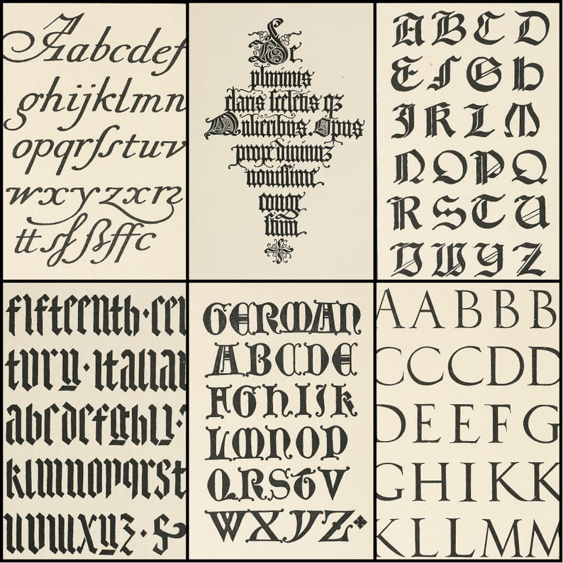 May include: A collection of calligraphy samples in black ink on a cream-colored background. The image showcases various fonts, including cursive, gothic, and block letters, with some text samples and alphabet examples.