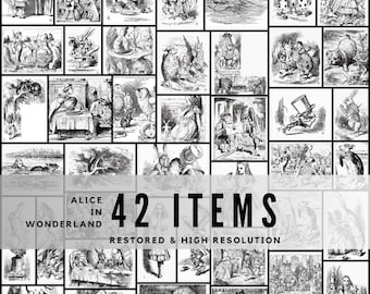 May include: A collection of 42 restored and high-resolution illustrations from "Alice in Wonderland." The black and white images depict scenes and characters from the classic story, including Alice, the Mad Hatter, and the Cheshire Cat.