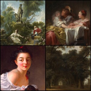 May include: A collage of four classical paintings. The top left depicts a garden scene with a statue and figures. The top right shows figures in a room. The bottom left is a portrait of a woman. The bottom right is a forest path.