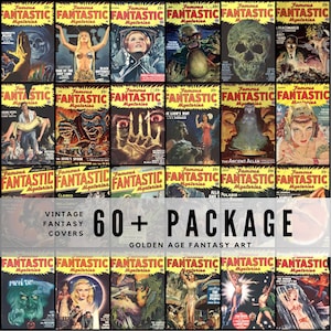 May include: A collection of vintage "Fantastic Mysteries" magazine covers. The covers feature colorful illustrations of fantasy and science fiction themes, with bold text and classic pulp art styles. The image includes the text "60+ PACKAGE" and "Golden Age Fantasy Art."