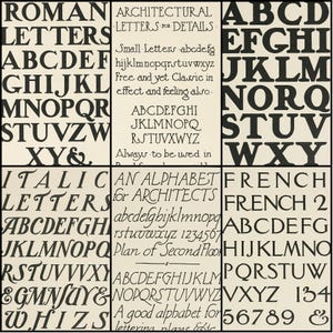 May include: A grid of typography samples featuring various fonts. The image includes examples of Roman, Italic, and French styles, along with architectural lettering and an alphabet for architects. The text includes uppercase and lowercase letters, numbers, and symbols.