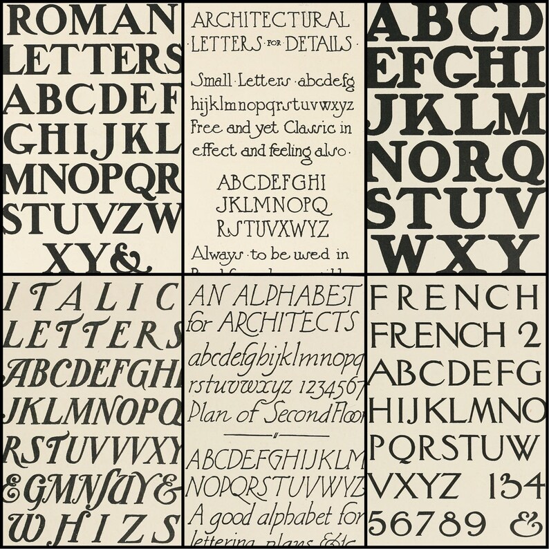 May include: A grid of typography samples featuring various fonts. The image includes examples of Roman, Italic, and French styles, along with architectural lettering and an alphabet for architects. The text includes uppercase and lowercase letters, numbers, and symbols.