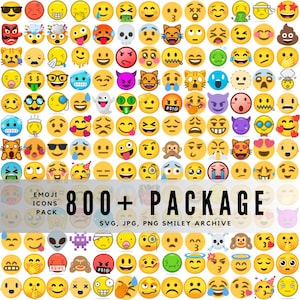 Puede incluir: Una colección de más de 800 iconos emoji con diversas expresiones. Los emojis incluyen caras sonrientes, caras guiñando un ojo y caras con gafas de sol. El texto de la imagen dice "EMOJI ICONS PACK 800+ PACKAGE SVG, JPG, PNG SMILEY ARCHIVE."