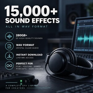 Könnte beinhalten: Eine digitale Produktwerbung für über 15.000 Soundeffekte im WAV-Format mit mehr als 280 GB an hochwertigen Klängen, Sofort-Download und lebenslangem Zugriff für Film, YouTube, Spiele, Podcasts und Videobearbeitung.