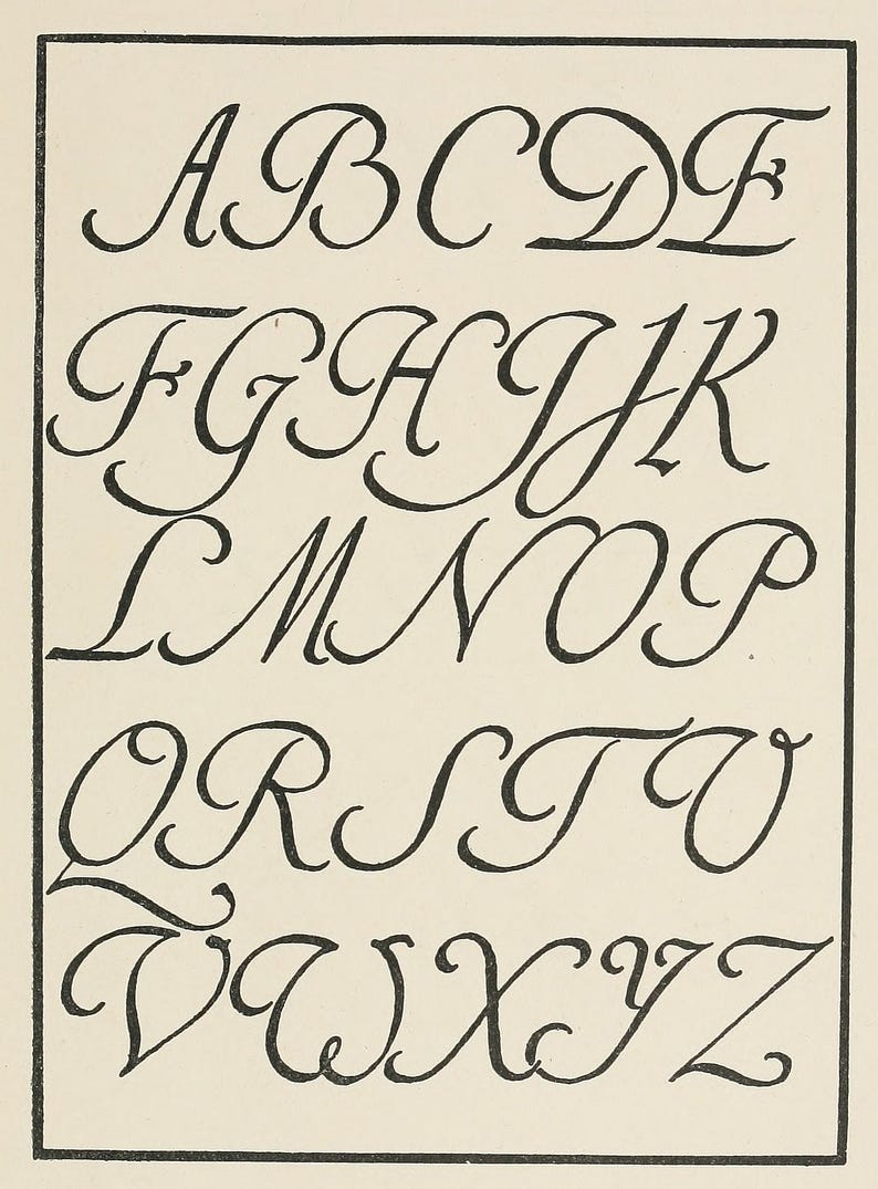 May include: A black and white illustration of the English alphabet in a cursive script. The letters are elegantly drawn with a classic, flowing style. The image is set against a cream-colored background, with each letter clearly defined.