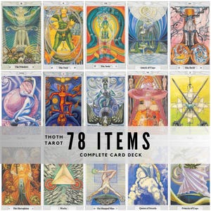 May include: A complete Thoth Tarot card deck featuring 78 illustrated cards. The cards display colorful, symbolic artwork with titles such as "The Fool," "The Priestess," and "The Hanged Man." The deck is designed for divination and spiritual practices.