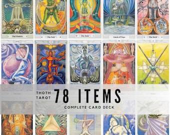 May include: A complete Thoth Tarot card deck featuring 78 illustrated cards. The cards display colorful, symbolic artwork with titles such as "The Fool," "The Priestess," and "The Hanged Man." The deck is designed for divination and spiritual practices.