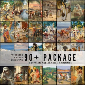 Puede incluir: Una colección de 16 pinturas de Frederick Arthur Bridgman, que representan escenas de la vida egipcia y árabe. Las pinturas presentan figuras, animales y paisajes en tonos cálidos y terrosos. El texto dice "90+ PACKAGE" y "EGYPTIAN AND ARABIAN PAINTINGS".
