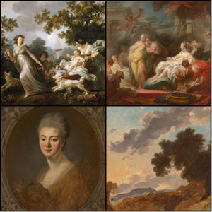 May include: A collection of four classical paintings. The top left depicts figures in a garden with a dog. The top right shows figures in a classical setting. The bottom left is a portrait of a woman. The bottom right is a landscape.