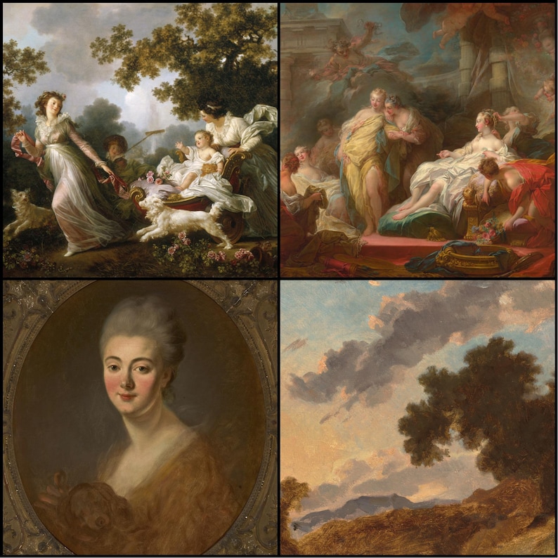 May include: A collection of four classical paintings. The top left depicts figures in a garden with a dog. The top right shows figures in a classical setting. The bottom left is a portrait of a woman. The bottom right is a landscape.