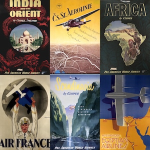 High-resolution preview of vintage airline travel posters from the mid-20th century, featuring iconic carriers like Pan Am, TWA, Air France, and KLM. Includes vibrant retro illustrations, luxury aircraft designs, exotic destinations, and elegant typography. Ideal for collectors, aviation fans, scrapbookers, and designers seeking digital downloads that celebrate the golden age of air travel with timeless visual charm.