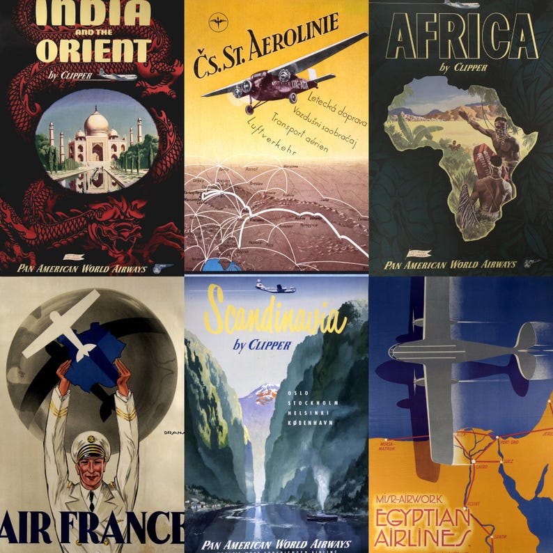 High-resolution preview of vintage airline travel posters from the mid-20th century, featuring iconic carriers like Pan Am, TWA, Air France, and KLM. Includes vibrant retro illustrations, luxury aircraft designs, exotic destinations, and elegant typography. Ideal for collectors, aviation fans, scrapbookers, and designers seeking digital downloads that celebrate the golden age of air travel with timeless visual charm.