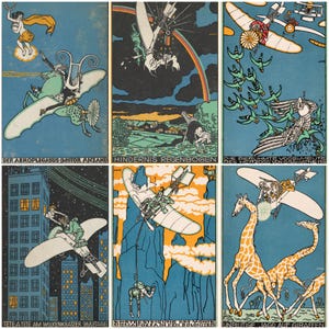 May include: A collection of six vintage art prints with a blue background. Each print features whimsical illustrations of flying machines, fantastical creatures, and text in German. The color palette includes blue, orange, and white.