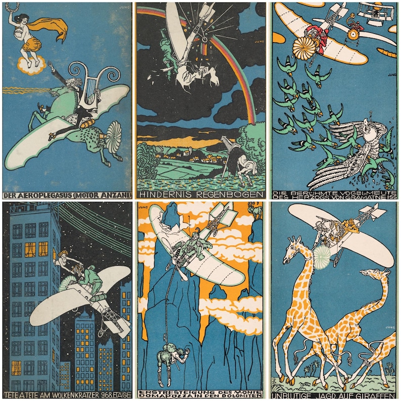 May include: A collection of six vintage art prints with a blue background. Each print features whimsical illustrations of flying machines, fantastical creatures, and text in German. The color palette includes blue, orange, and white.