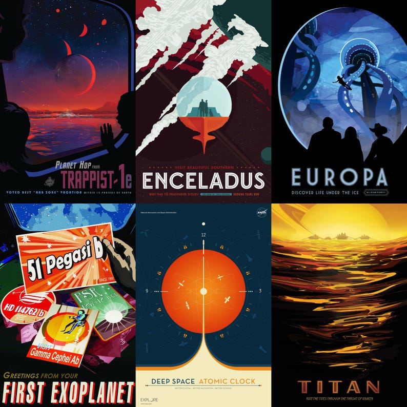 "19 high-resolution NASA space tourism posters showcasing retro-futuristic designs, vibrant interplanetary imagery, and imaginative depictions of space exploration. Ideal for space enthusiasts, educators, collectors, and creatives seeking digital downloads of authentic NASA artwork for wall art, classrooms, journals, and science-themed projects.