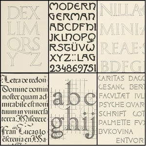 May include: A collage of six panels featuring various fonts and lettering styles. The panels display different alphabets, numbers, and phrases, including "MODERN GERMAN" and "CARITAS DAGO". The image showcases a range of typographic designs.