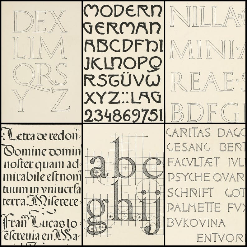 May include: A collage of six panels featuring various fonts and lettering styles. The panels display different alphabets, numbers, and phrases, including "MODERN GERMAN" and "CARITAS DAGO". The image showcases a range of typographic designs.