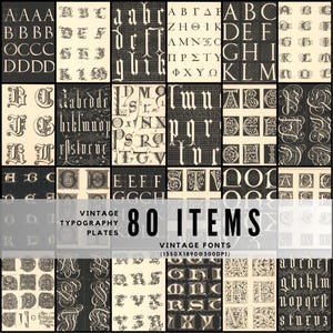 May include: A collection of 80 vintage typography plates featuring various fonts. The image displays a grid of letter designs in black and off-white, with the text "VINTAGE TYPOGRAPHY PLATES" and "80 ITEMS" in the center.