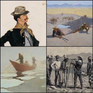 May include: A collection of four Western-themed paintings. One depicts a man in a hat smoking a cigar, another shows cowboys on a hillside, a third features a boat on icy water, and the last shows a group of men with a telescope.