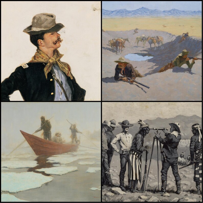 May include: A collection of four Western-themed paintings. One depicts a man in a hat smoking a cigar, another shows cowboys on a hillside, a third features a boat on icy water, and the last shows a group of men with a telescope.