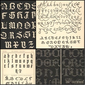 May include: A collage of vintage typography samples. The image showcases various fonts, including ornate calligraphy and gothic styles, with examples of uppercase and lowercase letters. The fonts are in black and white, with some on a black background.
