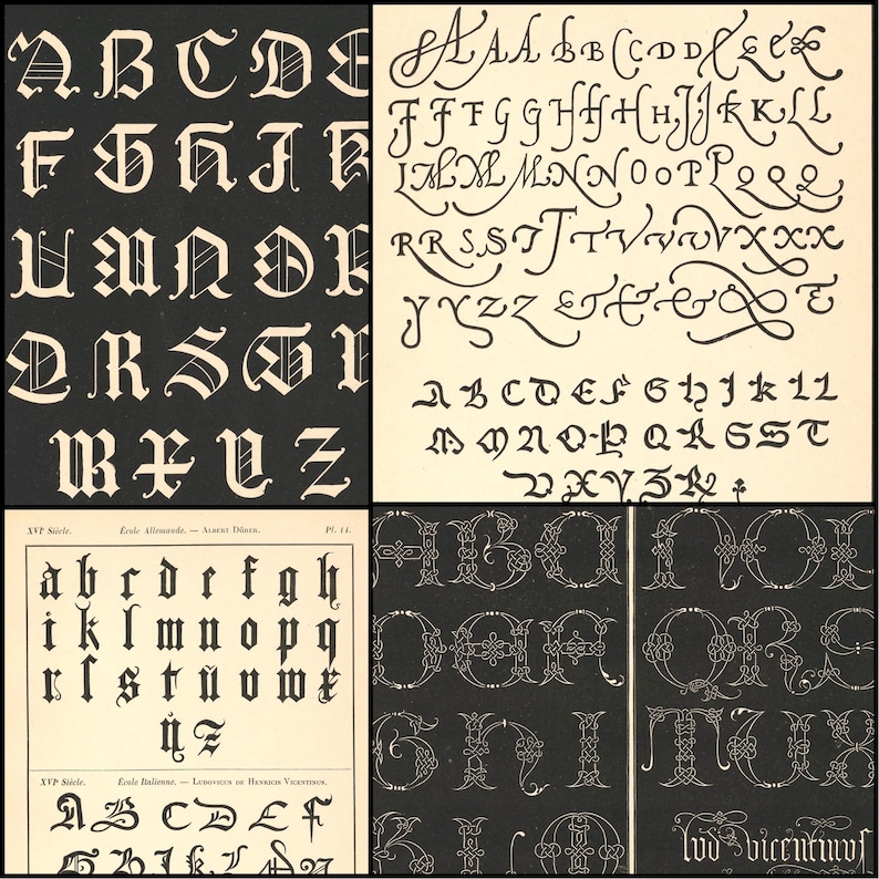 May include: A collage of vintage typography samples. The image showcases various fonts, including ornate calligraphy and gothic styles, with examples of uppercase and lowercase letters. The fonts are in black and white, with some on a black background.