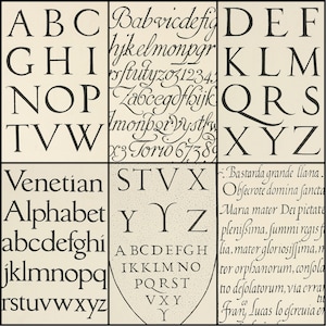 May include: A vintage typography chart featuring various fonts and lettering styles. The chart includes uppercase and lowercase alphabets, along with examples of script and calligraphic fonts. The text is in black on a cream-colored background.
