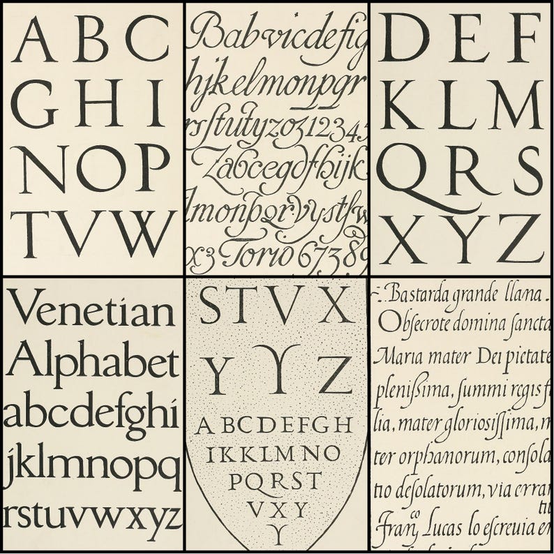 May include: A vintage typography chart featuring various fonts and lettering styles. The chart includes uppercase and lowercase alphabets, along with examples of script and calligraphic fonts. The text is in black on a cream-colored background.