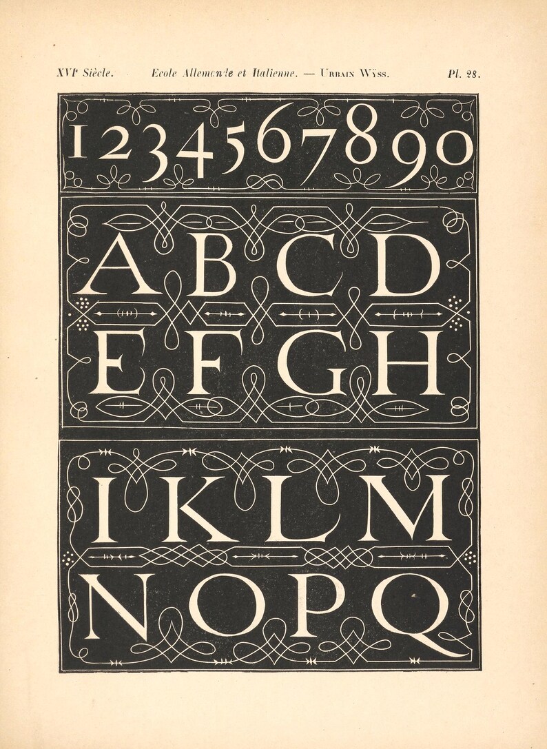May include: A vintage print featuring black rectangular panels with white numbers and letters. The top panel displays numbers 1 through 9. The middle and bottom panels showcase the alphabet. Decorative scrollwork borders each panel. Text at the top reads "XVP Si&egrave;cle. Ecole Allemande et Italienne. - URBAIN Wyss."