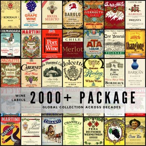 Può includere: Una collezione di oltre 2000 etichette di vino provenienti da tutto il mondo, che coprono diversi decenni. Le etichette presentano una varietà di design, colori e testo, che rappresentano la storia della vinificazione. Include etichette per Bordeaux, Barolo, Merlot, ecc.