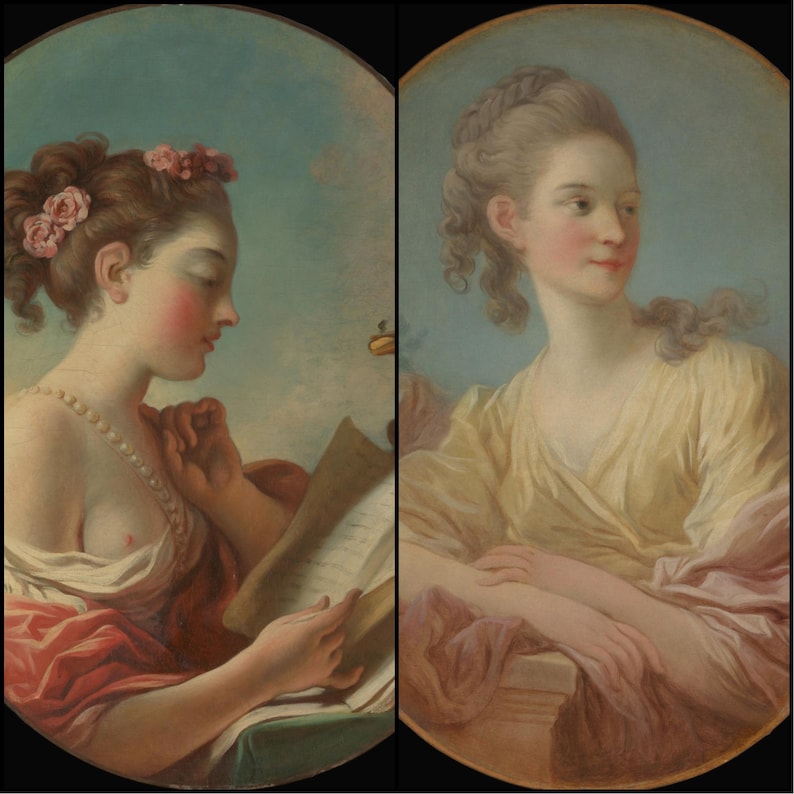 May include: Two oval portraits of women in pastel colors. One woman is reading a document, wearing a pink flower in her hair and a pearl necklace. The other woman is wearing a yellow dress and looking to the side. Both portraits have a light blue background.