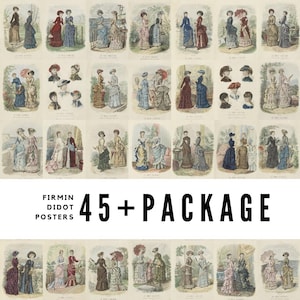 Puede incluir: Una colección de más de 45 ilustraciones de moda vintage que representan a mujeres en varios estilos y poses. Las ilustraciones son en blanco y negro y tienen un estilo detallado e intrincado. El texto "FIRMIN DIDOT POSTERS 45+ PACKAGE" está en la parte inferior de la imagen.
