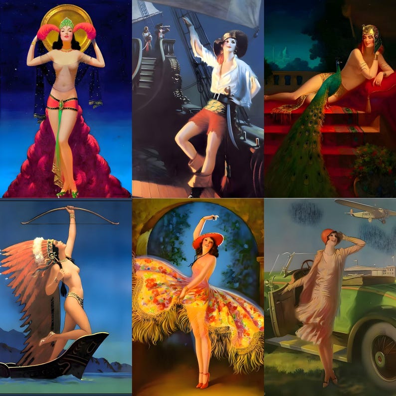 Digital collage of 700+ vintage pinup posters spanning mid-20th-century glamour, featuring iconic figures like Bettie Page, Marilyn Monroe, and Rita Hayworth. Playful poses and nostalgic styling evoke the charm of 1950s classic pinup art. Includes retro fashion, sultry expressions, and stylized compositions—perfect for junk journaling, scrapbooking, wall décor, and collectors of vintage illustration and pop culture ephemera.
