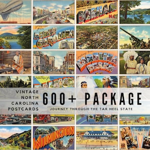 May include: A collection of vintage North Carolina postcards featuring various landscapes, city streets, and historical landmarks. The text VINTAGE NORTH CAROLINA POSTCARDS 600+ PACKAGE JOURNEY THROUGH THE TAR HEEL STATE is overlaid on the centre of the image.