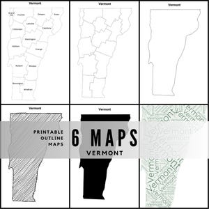 Peut inclure: Six cartes du Vermont en noir et blanc, avec des contours, des formes remplies et une carte avec les noms des comtés. Le mot "Vermont" est en haut de chaque carte. Le texte "6 MAPS VERMONT" est également présent.
