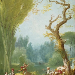 May include: An oil painting depicts a pastoral scene with figures in 18th-century attire. A couple dances in the foreground, while others recline or gesture near a large tree. The background features a river and lush forest.