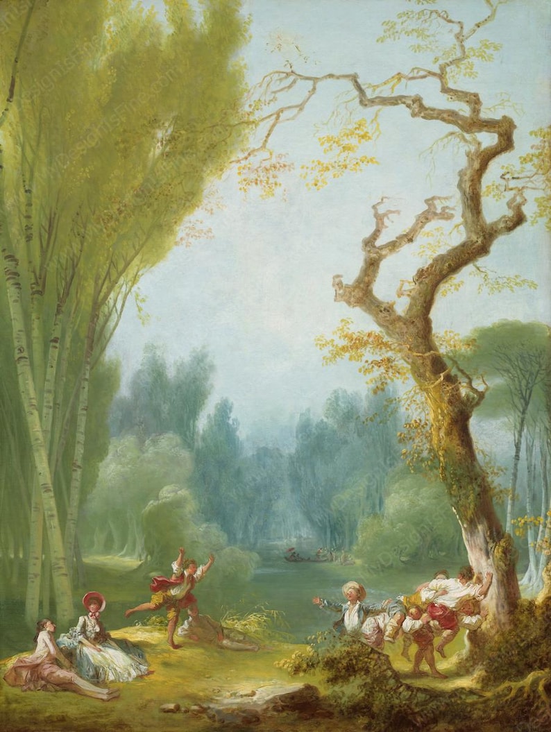 May include: An oil painting depicts a pastoral scene with figures in 18th-century attire. A couple dances in the foreground, while others recline or gesture near a large tree. The background features a river and lush forest.