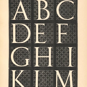 May include: A vintage print featuring the letters A through M, each displayed in a grid. The letters are white, with a serif font, set against a black background with a crosshatch pattern. Text at the top reads "XVIe Si&egrave;cle. &Eacute;cole Fran&ccedil;aise. - Pierre Le B&eacute;. Pl. 48."