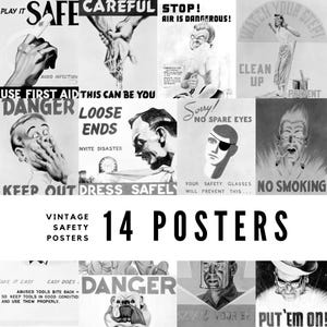 14 vintage safety posters featuring bold mid-century designs and classic safety slogans such as 'Danger Keep Out' and 'No Smoking.' Includes striking graphics, vibrant colors, and retro workplace messaging. Ideal for educators, collectors, scrapbookers, and creatives seeking digital downloads of nostalgic public safety ephemera for décor or mixed media projects.