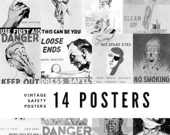14 Vintage Safety Posters – Mid-Century Workplace Signs (Digital Download for Retro Decor, Journals & Classrooms)