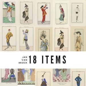 May include: A collection of 18 vintage fashion illustrations by Jan Van Brock. The images feature figures in stylish attire, showcasing a variety of outfits with hats, coats, and accessories. The color palette includes pastels, with pops of red, blue, and yellow.