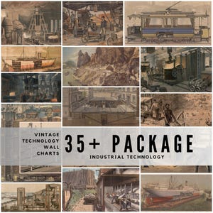 Mais de 35 pôsteres de tecnologia vintage em JPG: Máquinas industriais, Engenharia, Energia a vapor, Telegrafia, Mineração e Transporte. Download digital.