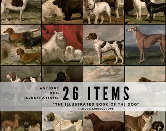 May include: A collection of 26 antique dog illustrations from "The Illustrated Book of the Dog." The images feature various dog breeds in a vintage style, with text that reads "Antique Dog Illustrations 26 Items."