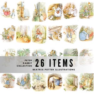 May include: A collection of 26 Beatrix Potter illustrations featuring Peter Rabbit. The watercolour images depict rabbits in various scenes, such as gardening, interacting with other animals, and wearing clothes. The text "Peter Rabbit Collection" is displayed.