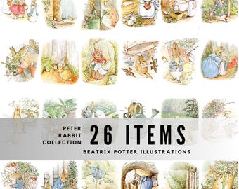26 obrazów Królika Piotrusia – Zestaw ilustracji Beatrix Potter, grafika 3D z bajek w stylu vintage do dziennika śmieci, scrapbookingu i rękodzieła