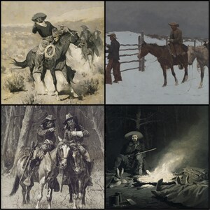 May include: A collection of four sepia-toned Western-themed paintings. The images depict cowboys on horseback, scenes of frontier life, and a campfire scene. The artwork evokes a sense of the American West.