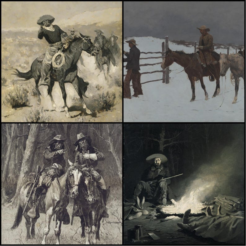 May include: A collection of four sepia-toned Western-themed paintings. The images depict cowboys on horseback, scenes of frontier life, and a campfire scene. The artwork evokes a sense of the American West.